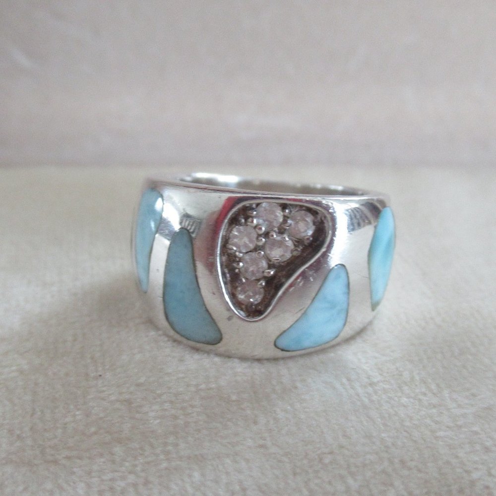 Estate Larimar Cubic Zirconia Sterling Statement Silver Ring size 6 - Picture 2 of 10